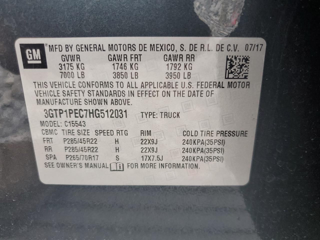 2017 GMC Sierra C1500 Denali VIN: 3GTP1PEC7HG512031 Lot: 82098145