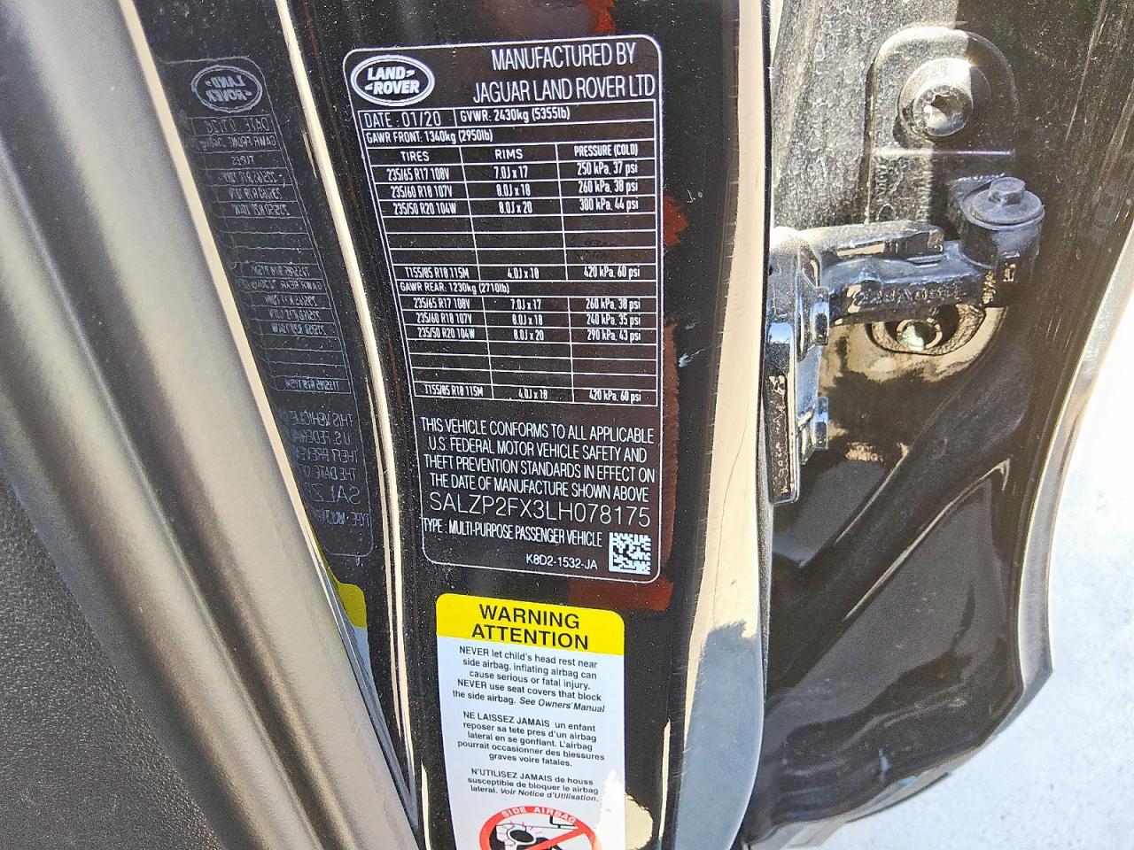 2020 Land Rover Range Rover Evoque Se VIN: SALZP2FX3LH078175 Lot: 80084825