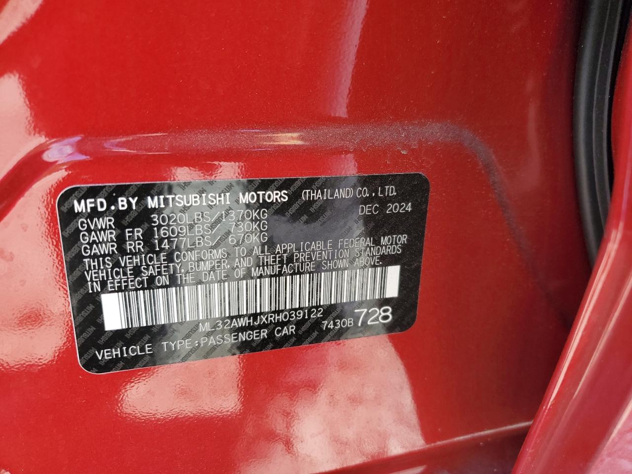 2024 Mitsubishi Mirage Se VIN: ML32AWHJXRH039122 Lot: 80181515