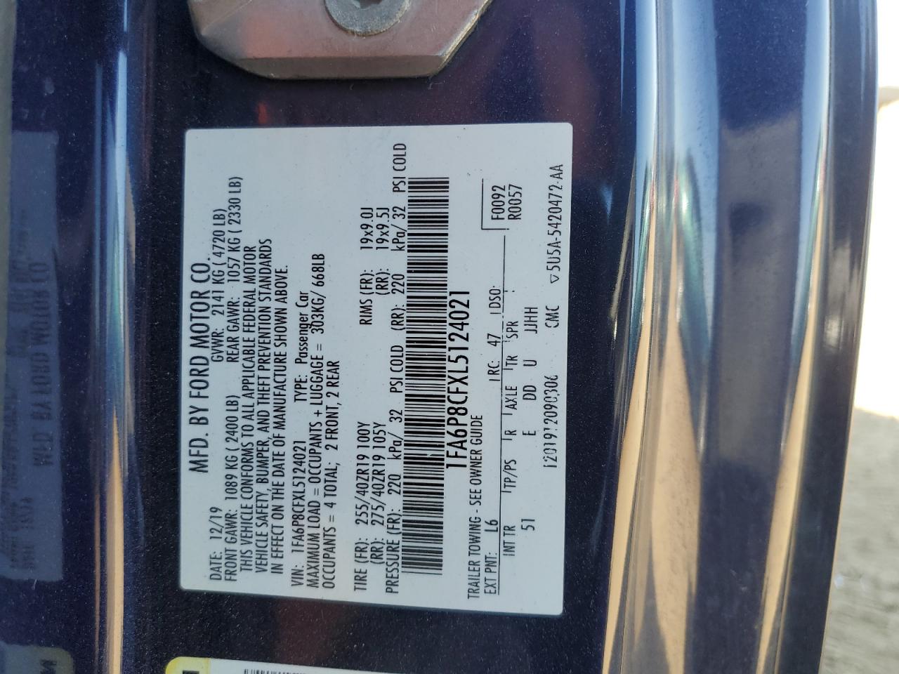 2020 Ford Mustang Gt VIN: 1FA6P8CFXL5124021 Lot: 81837985