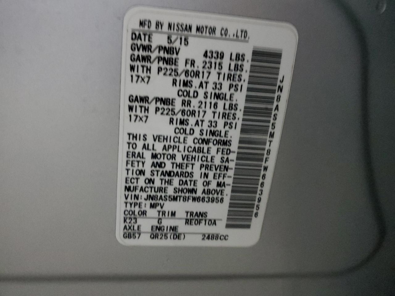 2015 Nissan Rogue Select S VIN: JN8AS5MT8FW663956 Lot: 80991235