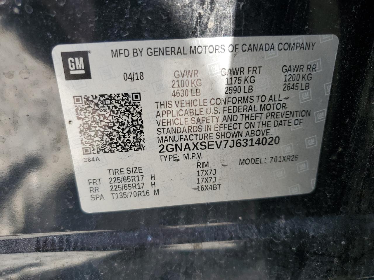 2018 Chevrolet Equinox Lt VIN: 2GNAXSEV7J6314020 Lot: 81287735