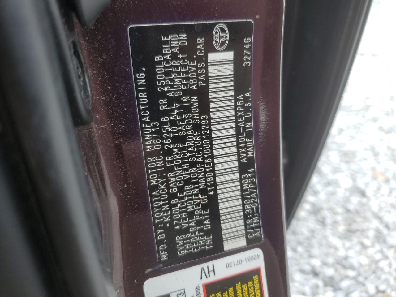 2013 Toyota Avalon Hybrid VIN: 4T1BD1EB1DU012293 Lot: 80451825