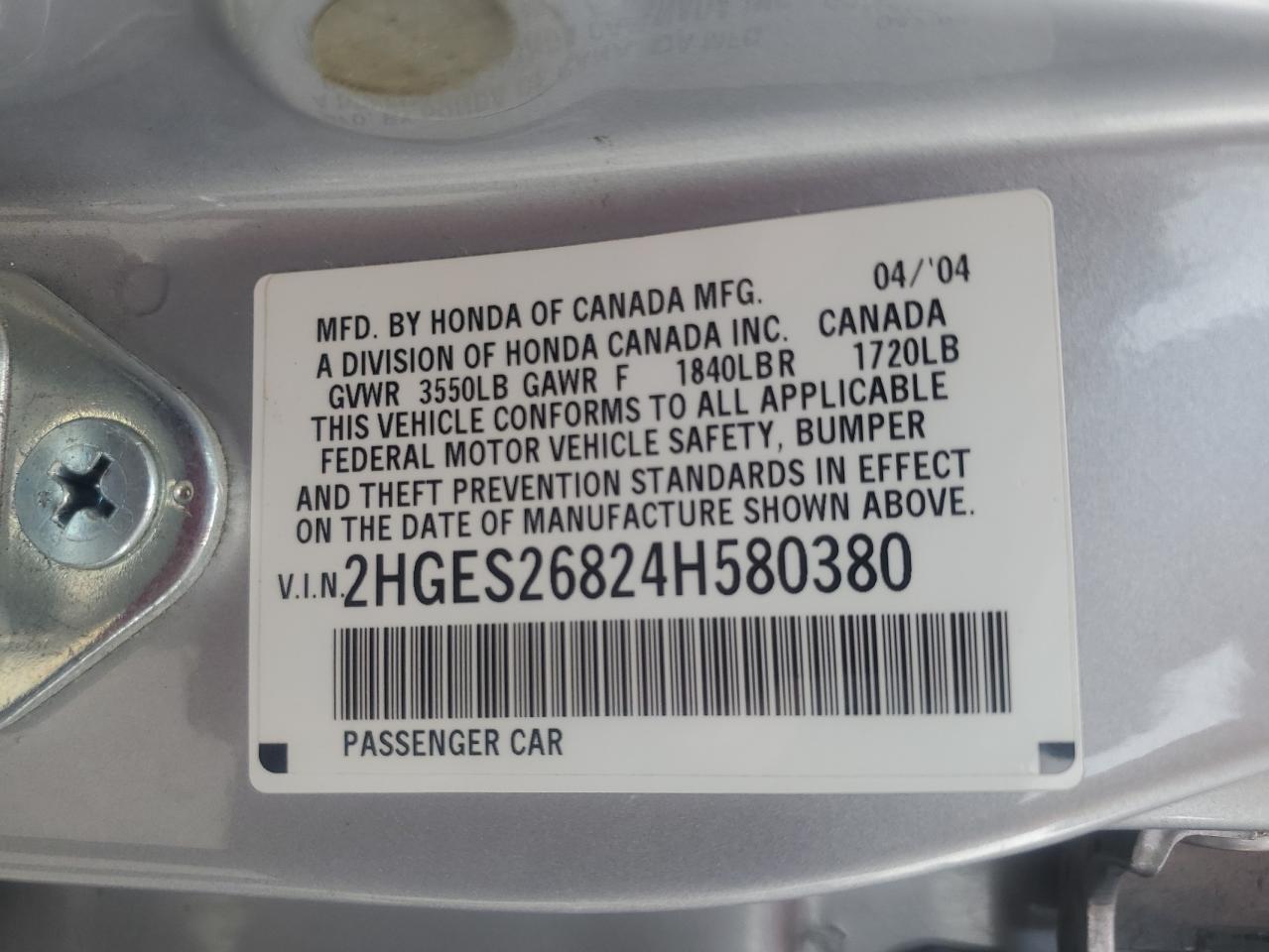 2004 Honda Civic Ex VIN: 2HGES26824H580380 Lot: 70314185