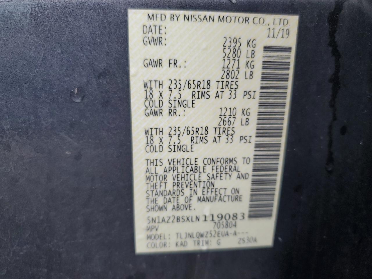 2020 Nissan Murano Sv VIN: 5N1AZ2BSXLN119083 Lot: 83870635