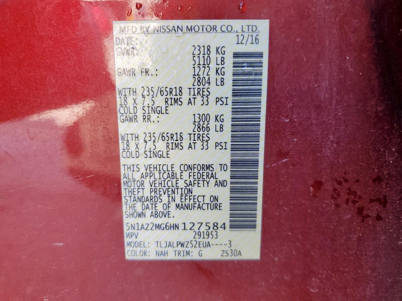 2017 Nissan Murano S VIN: 5N1AZ2MG6HN127584 Lot: 80360485