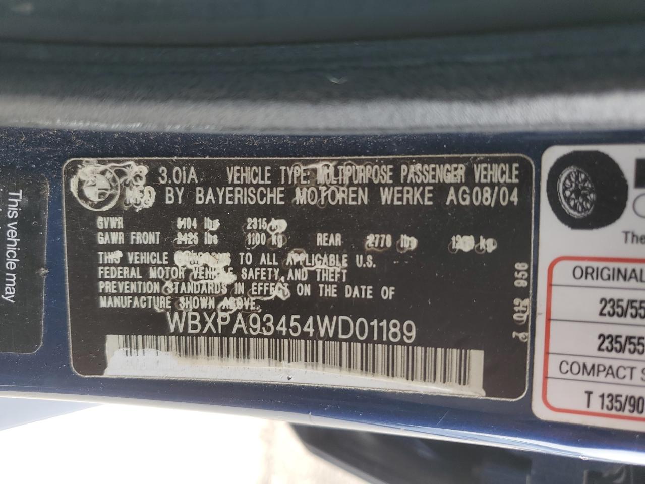 2004 BMW X3 3.0I VIN: WBXPA93454WD01189 Lot: 70984225