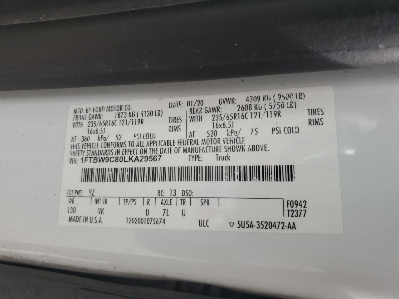 2020 Ford Transit T-350 VIN: 1FTBW9C80LKA29567 Lot: 71850155