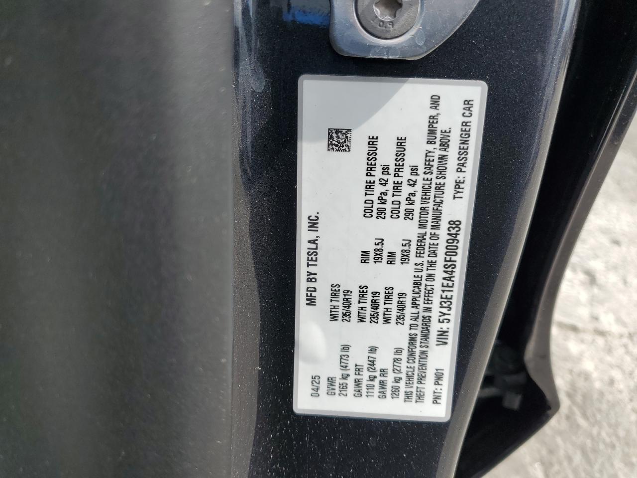 2025 Tesla Model 3 VIN: 5YJ3E1EA4SF009438 Lot: 80820175