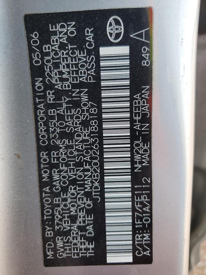 2006 Toyota Prius VIN: JTDKB20U263188187 Lot: 81362275