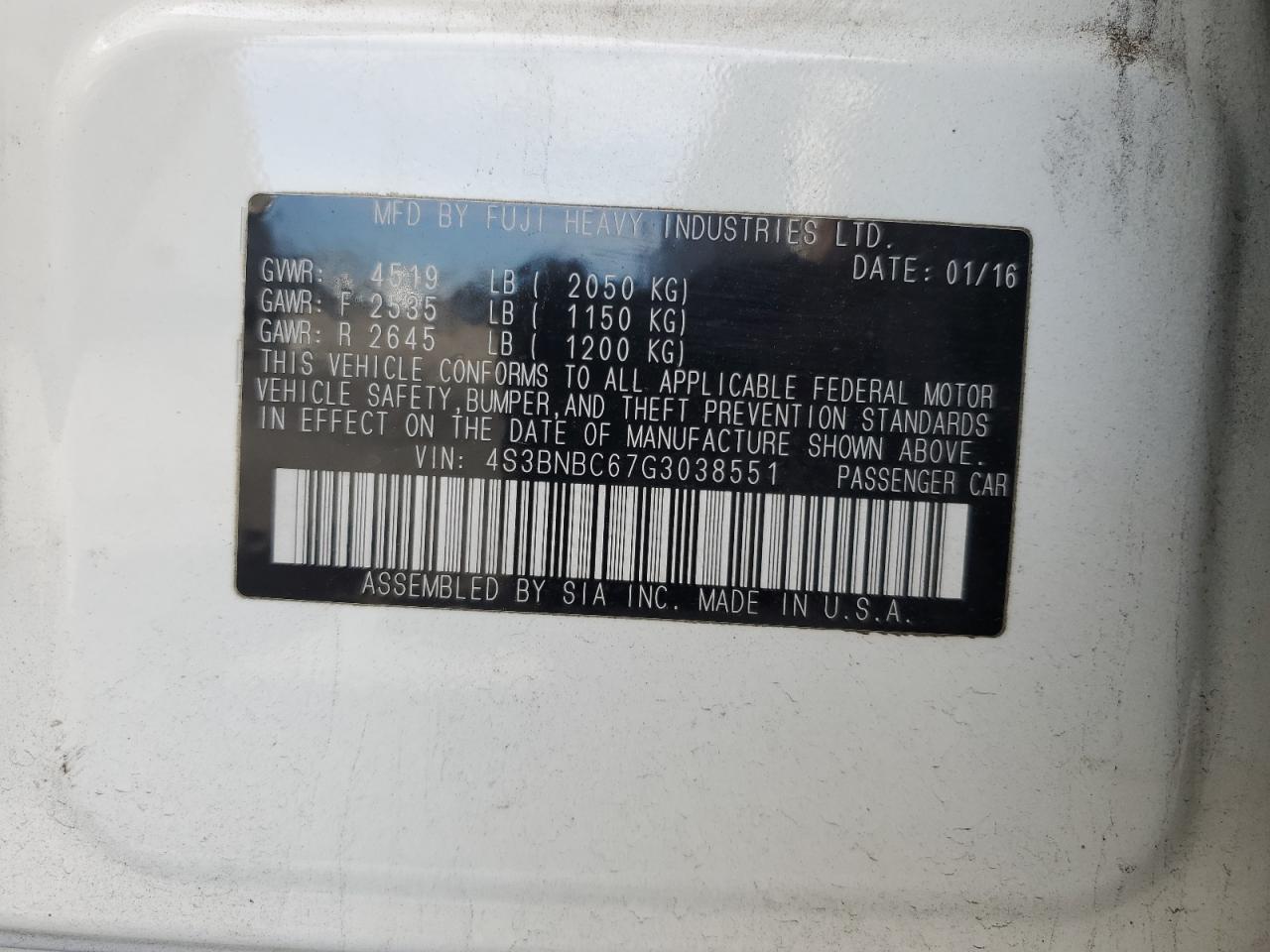 2016 Subaru Legacy 2.5I Premium VIN: 4S3BNBC67G3038551 Lot: 81031055