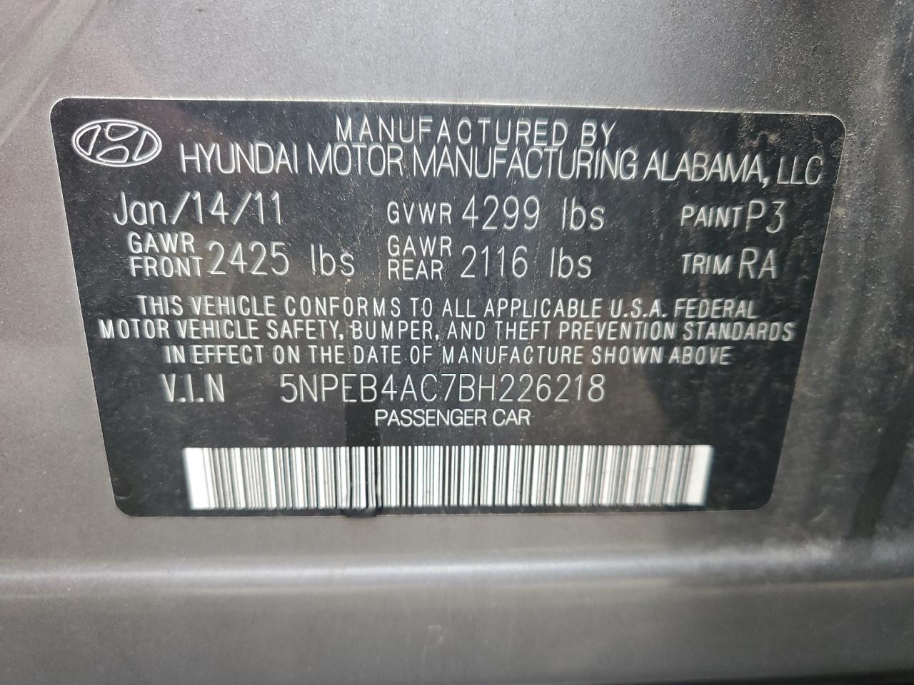 2011 Hyundai Sonata Gls VIN: 5NPEB4AC7BH226218 Lot: 81075335