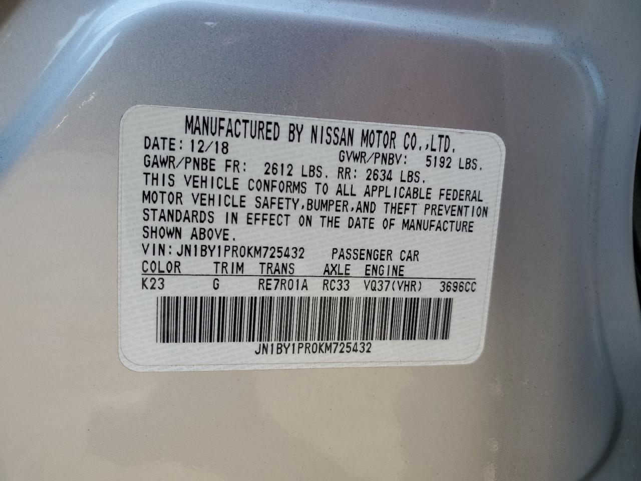 2019 Infiniti Q70L 3.7 Luxe VIN: JN1BY1PR0KM725432 Lot: 71617705