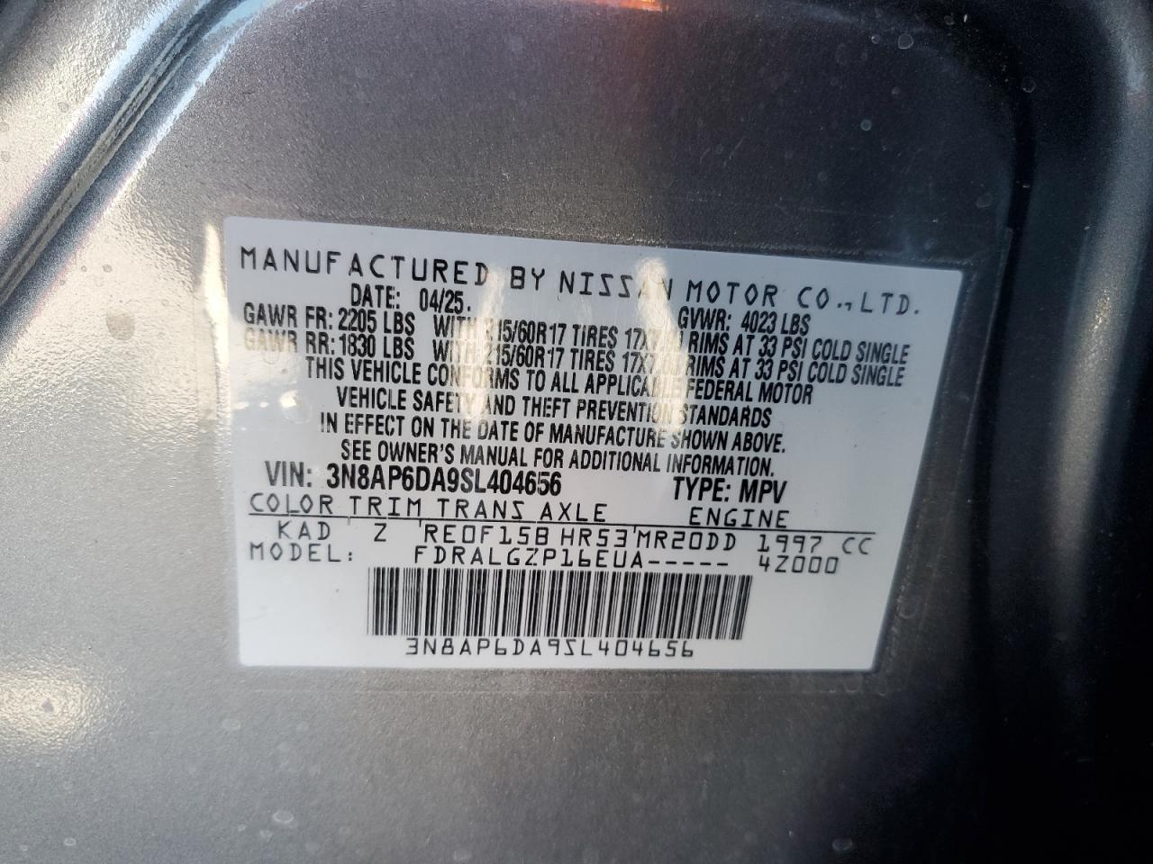 2025 Nissan Kicks Sr VIN: 3N8AP6DA9SL404656 Lot: 71594945
