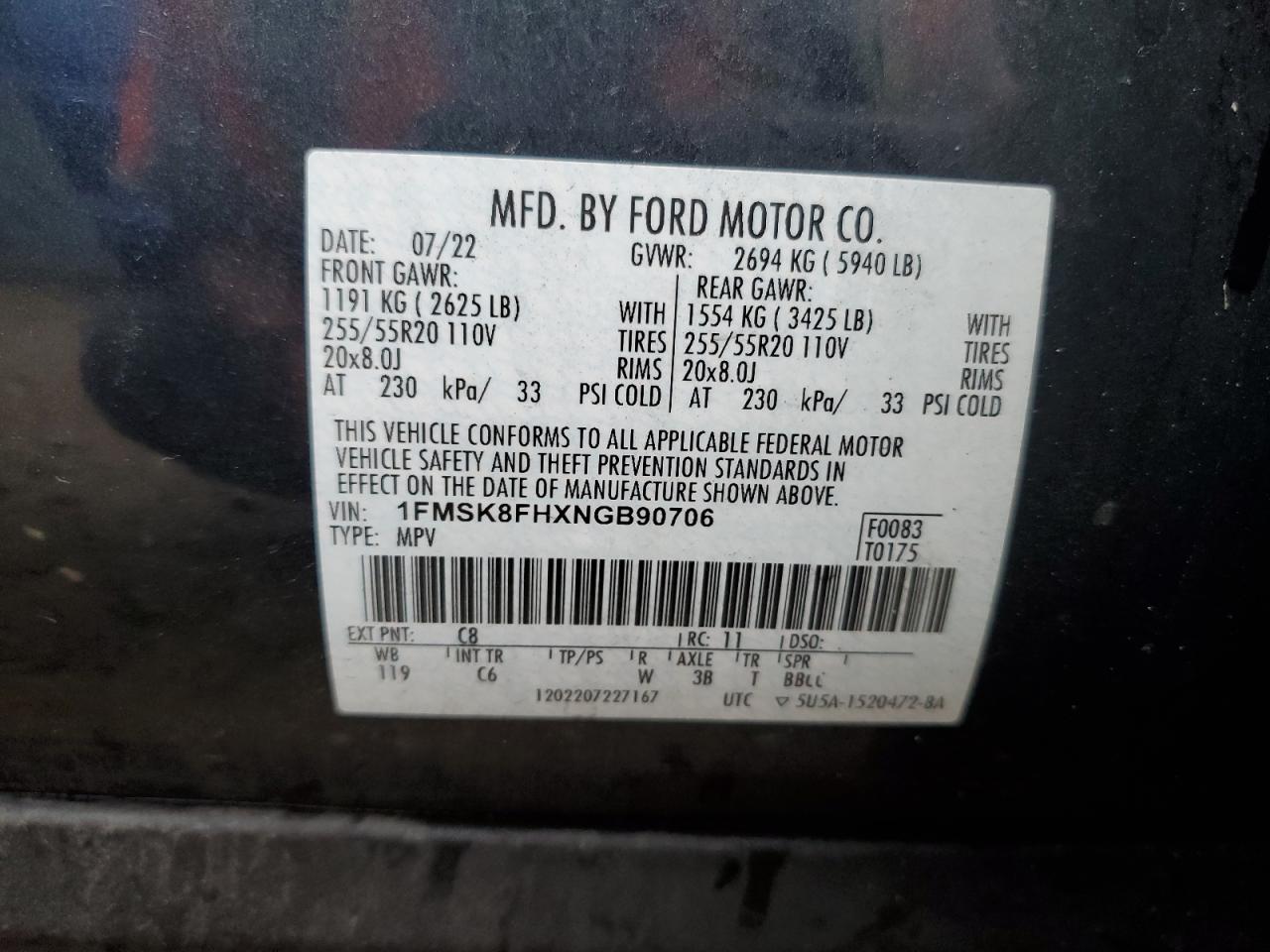 2022 Ford Explorer Limited VIN: 1FMSK8FHXNGB90706 Lot: 83761045