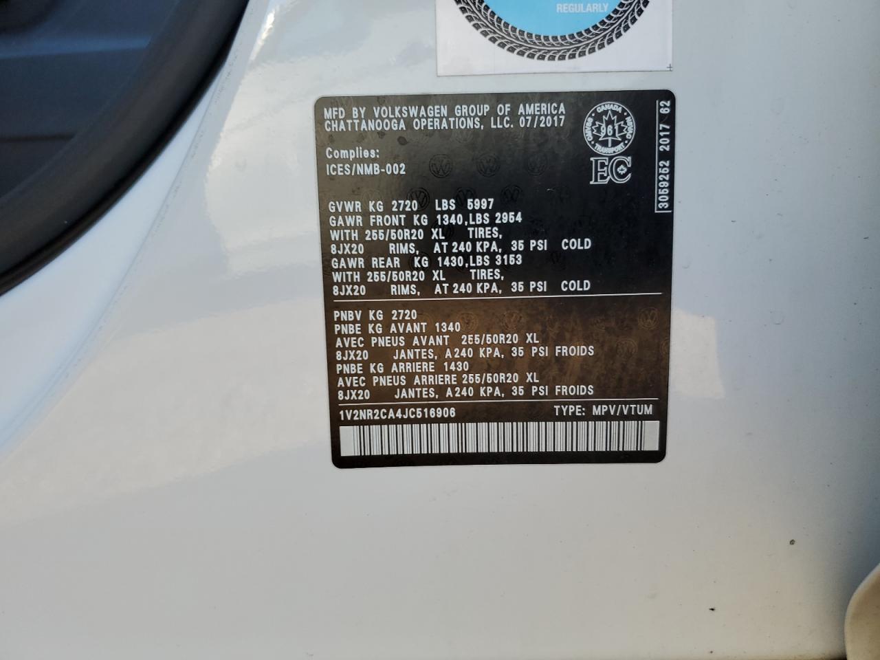 2018 Volkswagen Atlas Sel Premium VIN: 1V2NR2CA4JC516906 Lot: 70948075