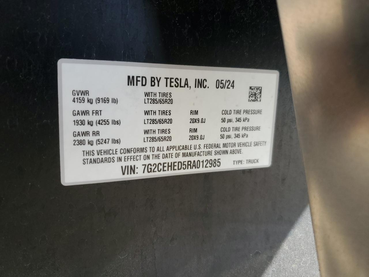 2024 Tesla Cybertruck VIN: 7G2CEHED5RA012985 Lot: 80117095