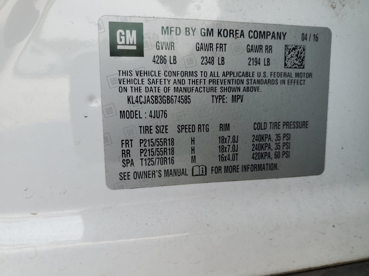 2016 Buick Encore VIN: KL4CJASB3GB674585 Lot: 80477125