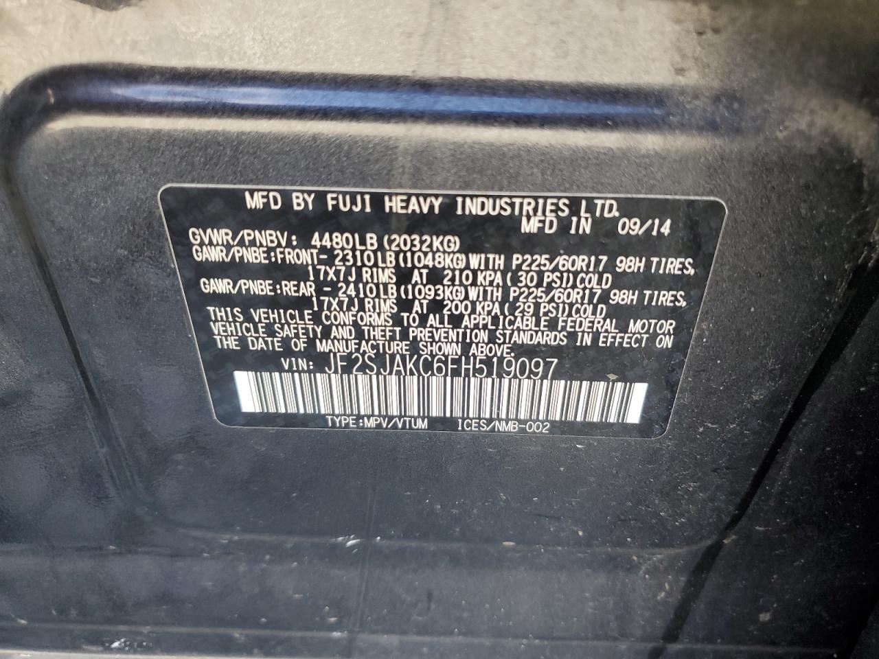 2015 Subaru Forester 2.5I Limited VIN: JF2SJAKC6FH519097 Lot: 70043185