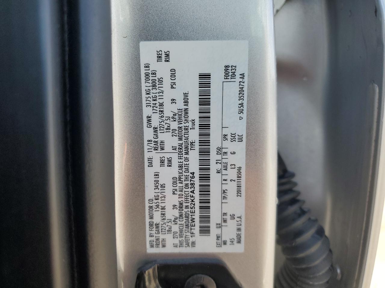 2019 Ford F150 Supercrew VIN: 1FTEW1E52KFA38764 Lot: 81695555