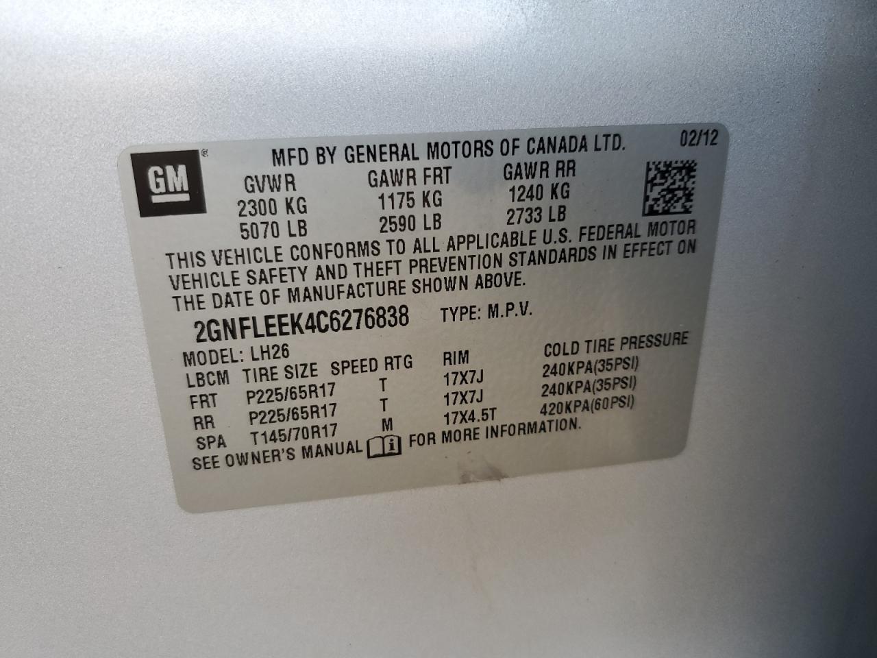 2012 Chevrolet Equinox Lt VIN: 2GNFLEEK4C6276838 Lot: 80315365