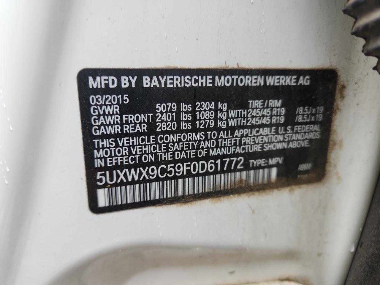 2015 BMW X3 xDrive28I VIN: 5UXWX9C59F0D61772 Lot: 83820135