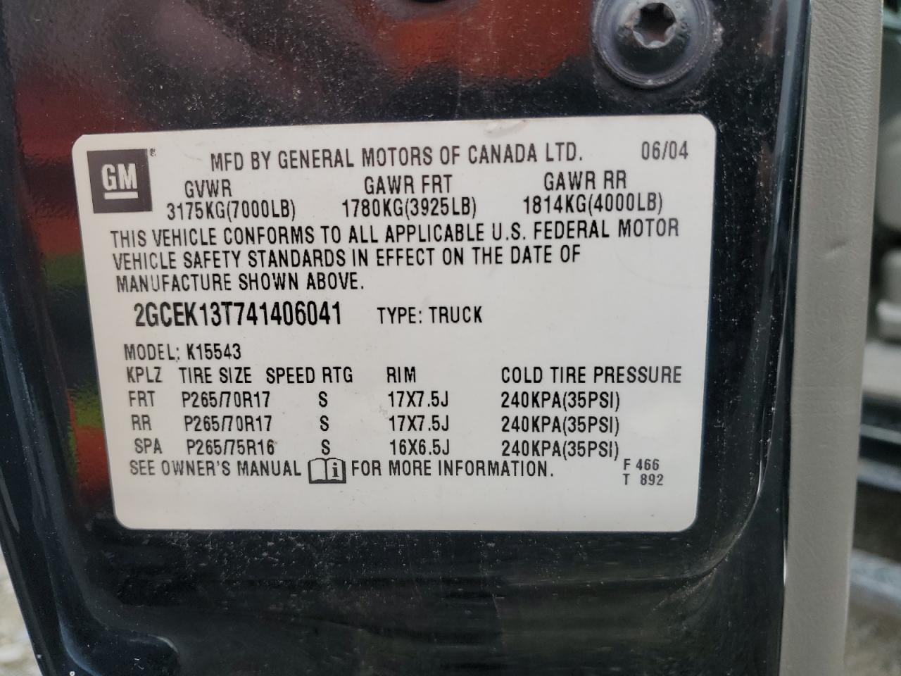 2004 Chevrolet Silverado K1500 VIN: 2GCEK13T741406041 Lot: 83889705