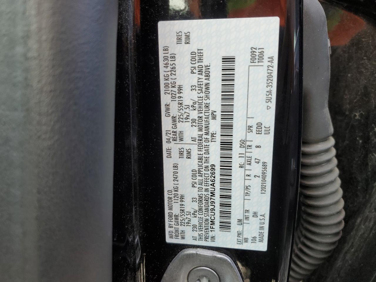 2021 Ford Escape Titanium VIN: 1FMCU9J97MUA62699 Lot: 71092045