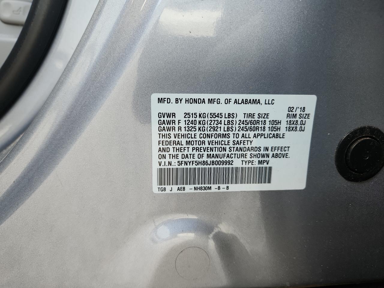 2018 Honda Pilot Exl VIN: 5FNYF5H86JB009992 Lot: 71565125
