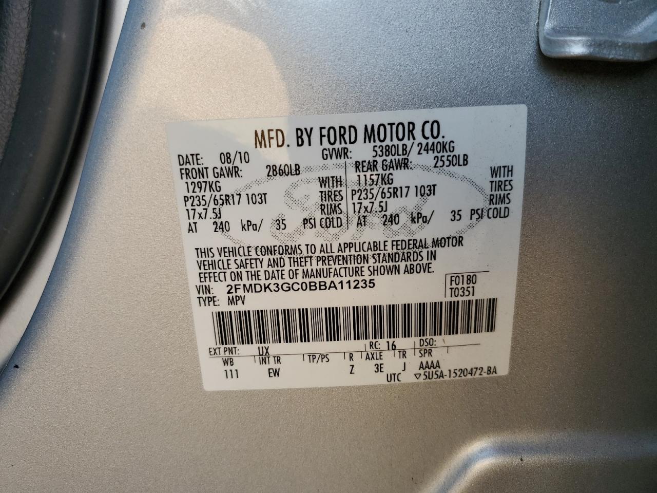 2011 Ford Edge Se VIN: 2FMDK3GC0BBA11235 Lot: 81672115