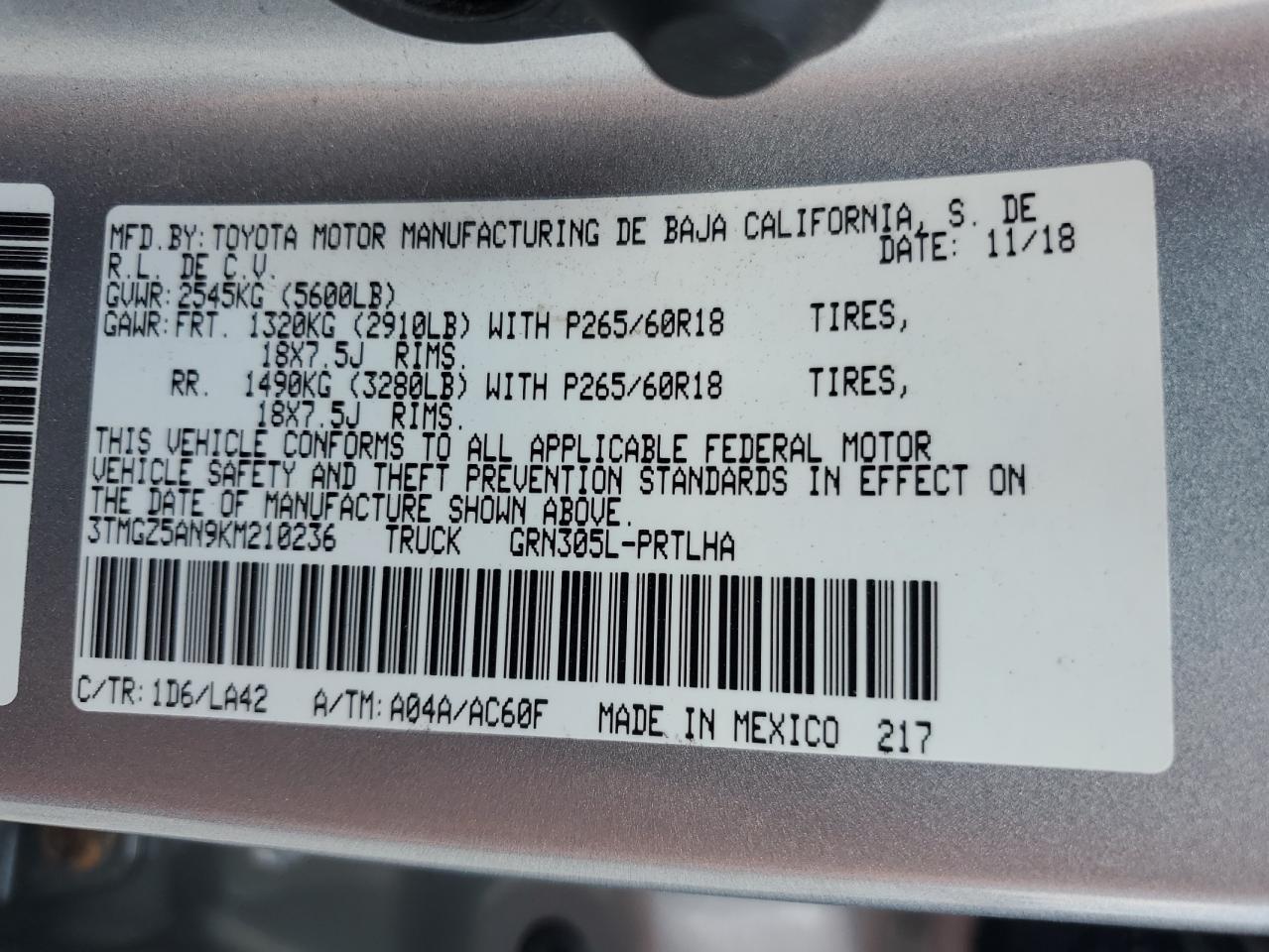 2019 Toyota Tacoma Double Cab VIN: 3TMGZ5AN9KM210236 Lot: 80889475