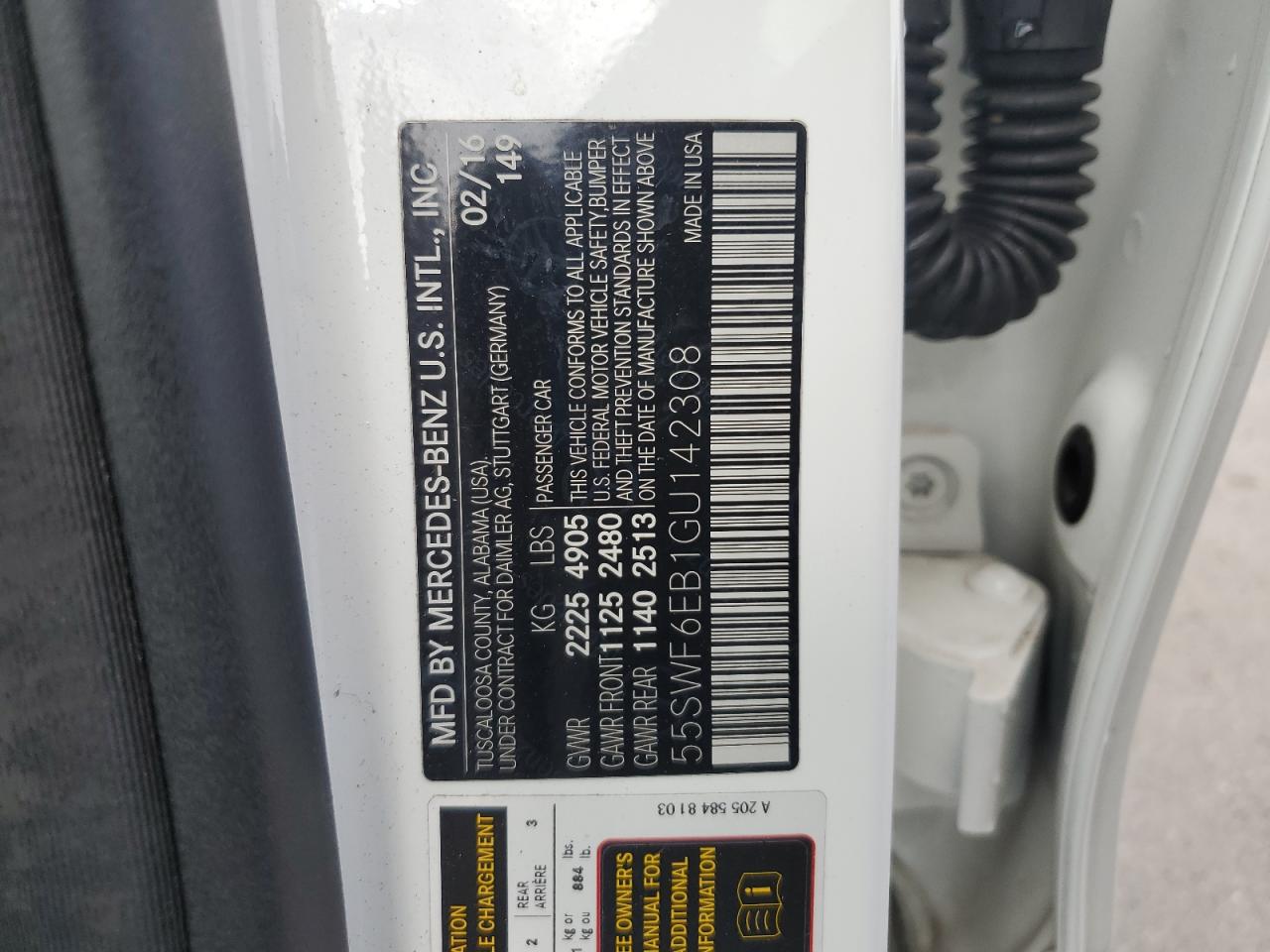 2016 Mercedes-Benz C 450 4Matic Amg VIN: 55SWF6EB1GU142308 Lot: 84244015