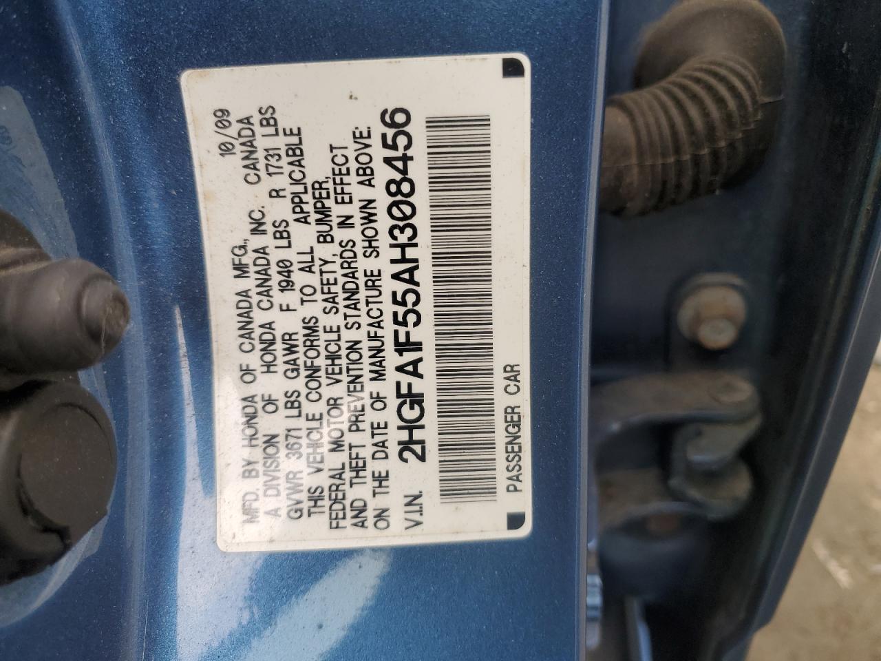 2010 Honda Civic Lx VIN: 2HGFA1F55AH308456 Lot: 72040515