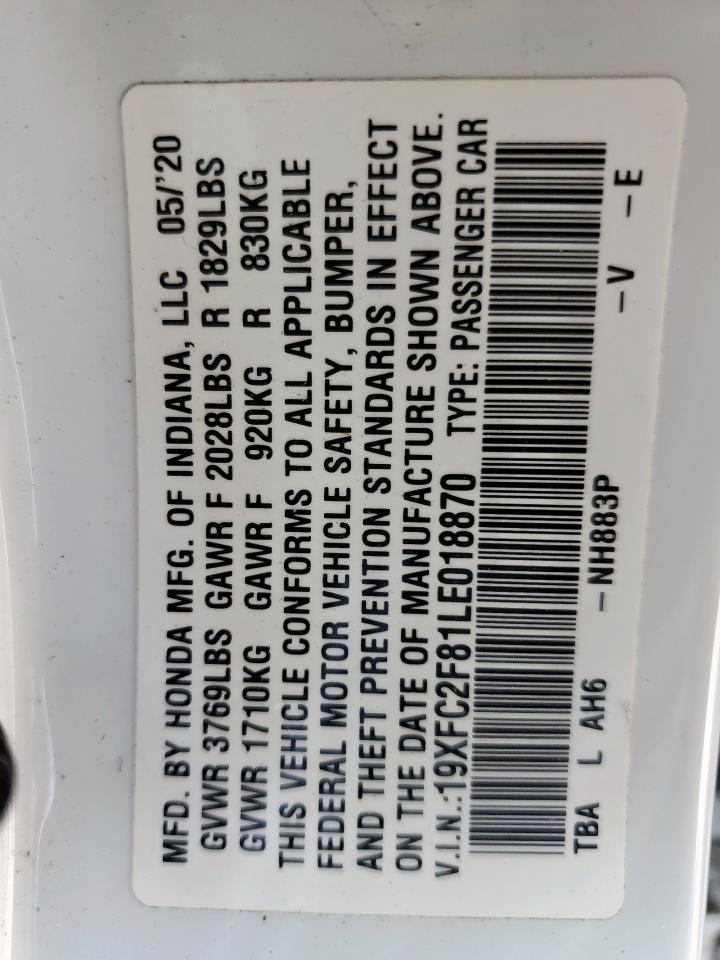 2020 Honda Civic Sport VIN: 19XFC2F81LE018870 Lot: 80178665