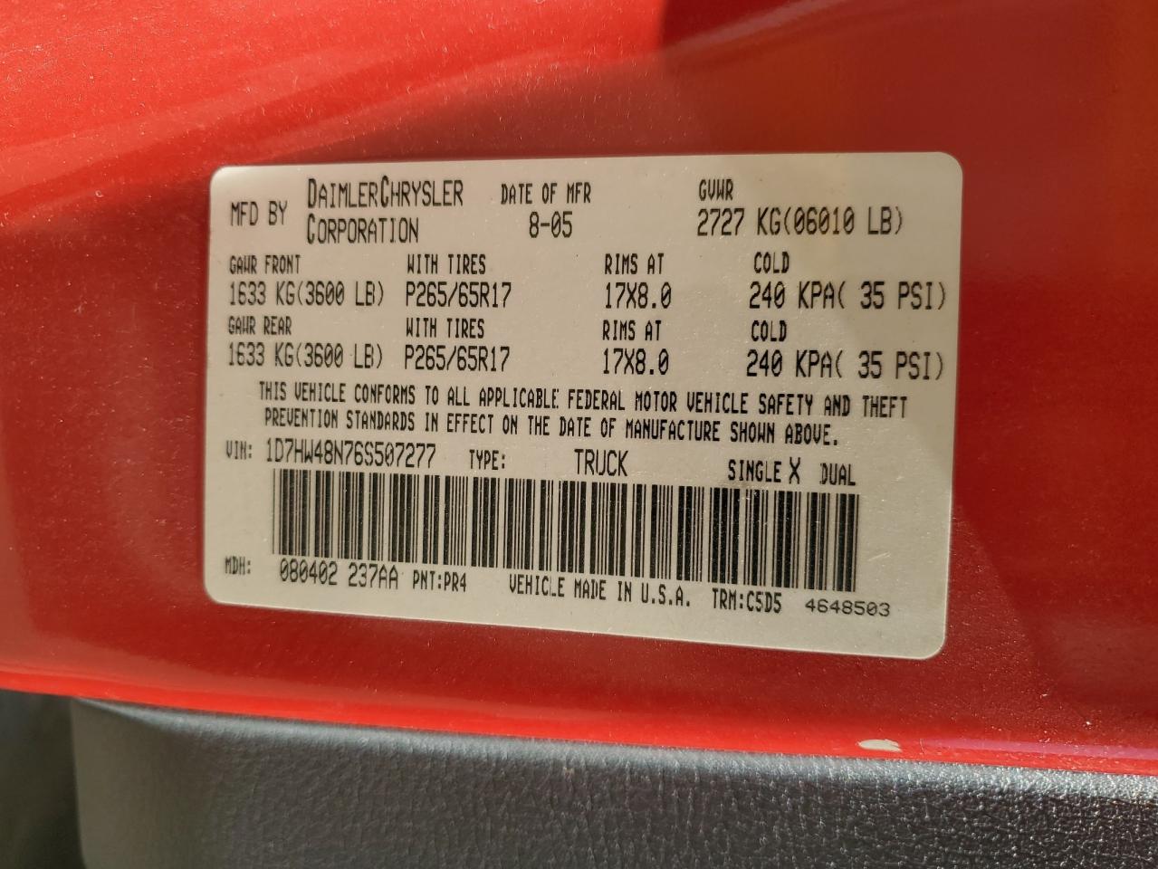 2006 Dodge Dakota Quad Slt VIN: 1D7HW48N76S507277 Lot: 84564175