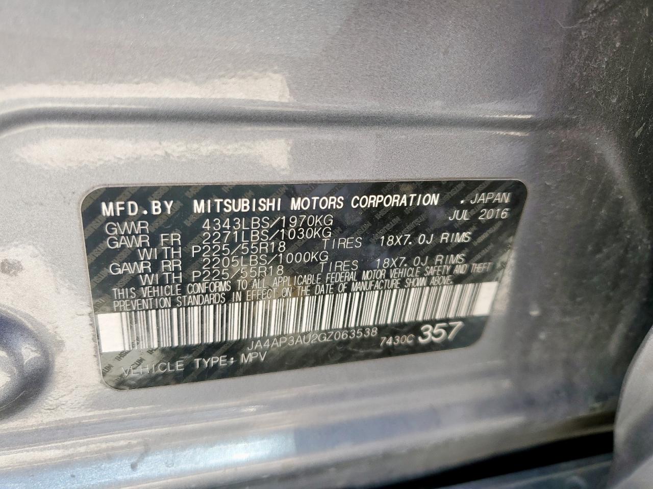 2016 Mitsubishi Outlander Sport Es VIN: JA4AP3AU2GZ063538 Lot: 71052225