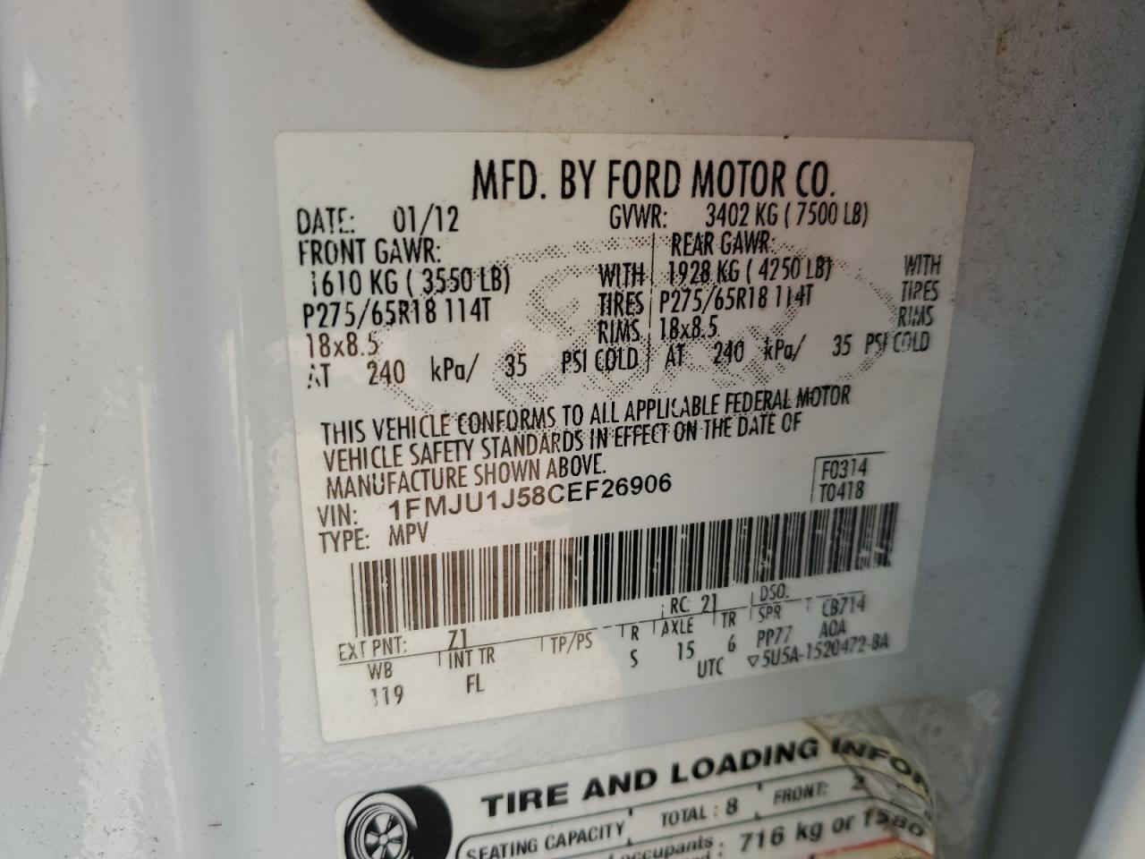 2012 Ford Expedition Xlt VIN: 1FMJU1J58CEF26906 Lot: 80680425