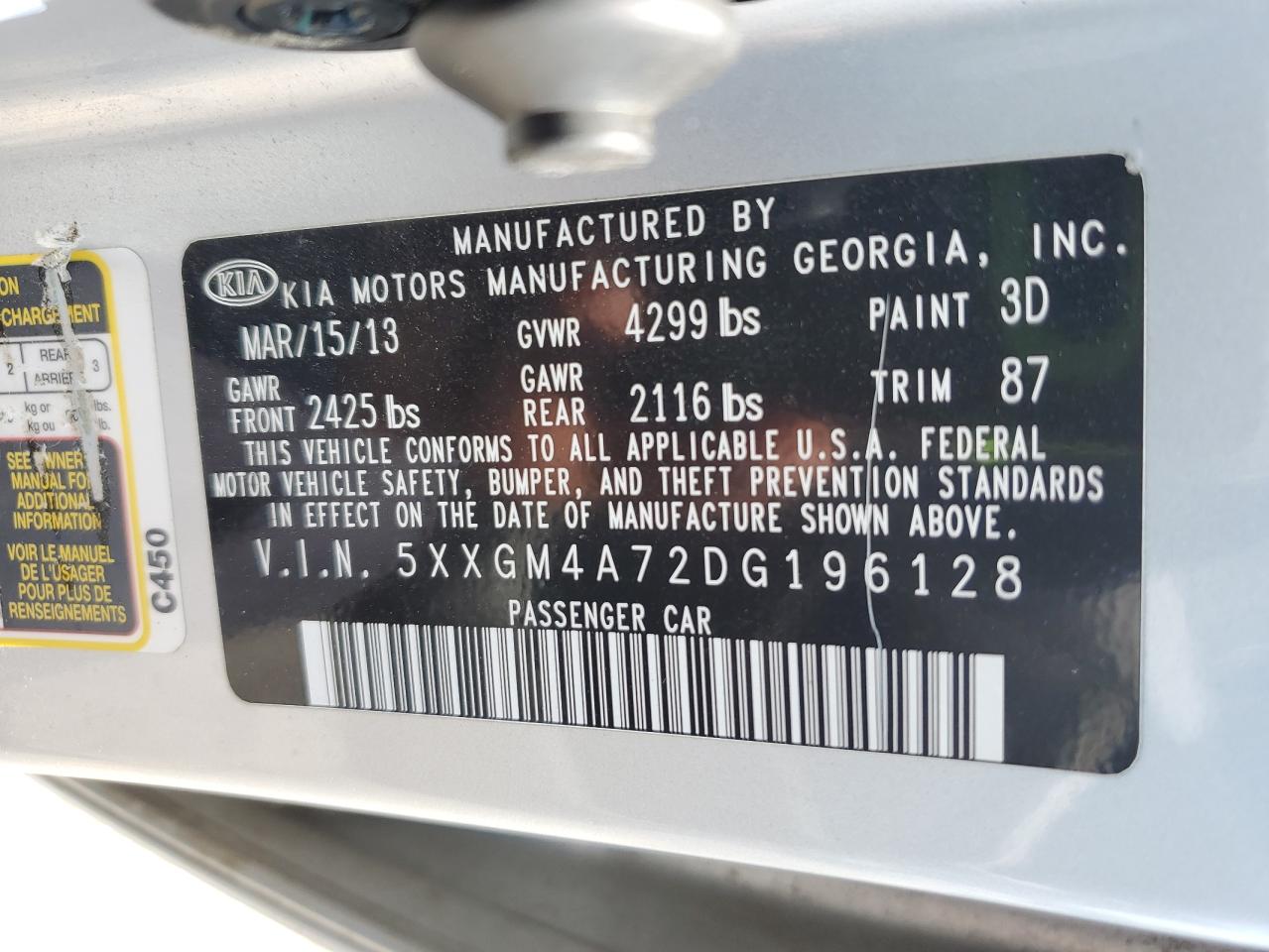 2013 Kia Optima Lx VIN: 5XXGM4A72DG196128 Lot: 71683925