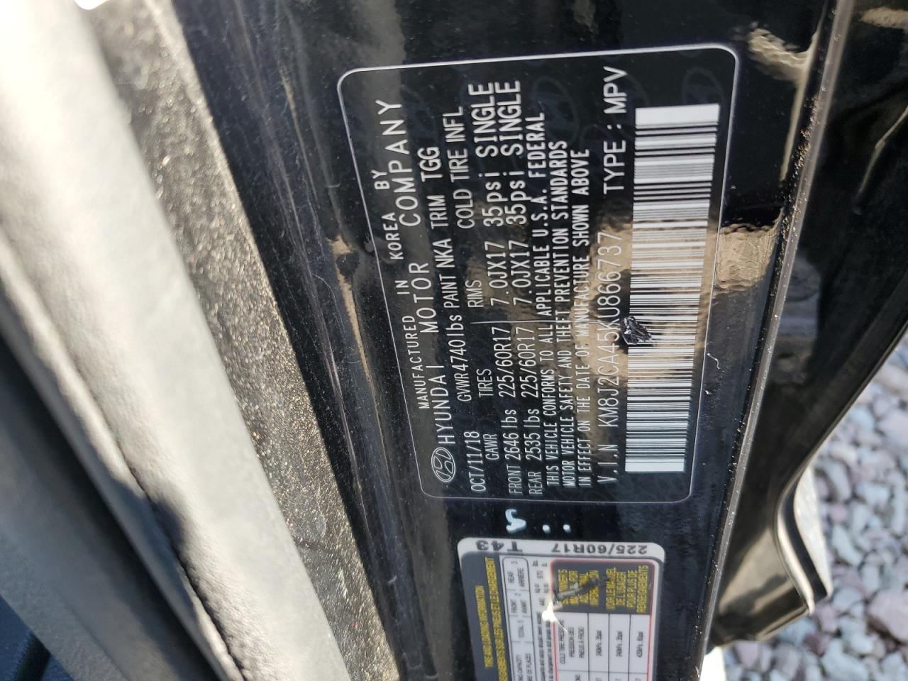 2019 Hyundai Tucson Se VIN: KM8J2CA45KU866737 Lot: 69860065