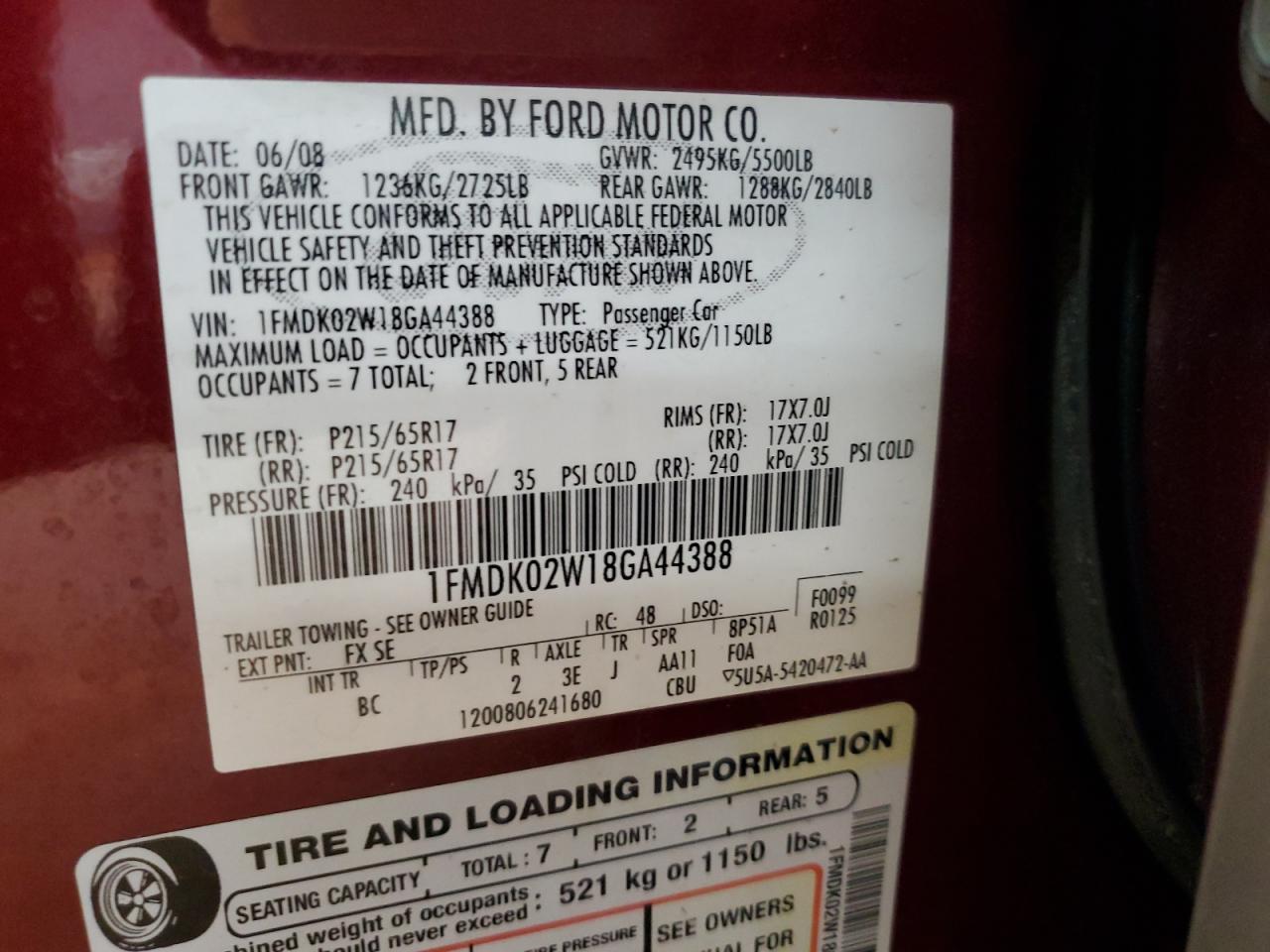 2008 Ford Taurus X Sel VIN: 1FMDK02W18GA44388 Lot: 81371575