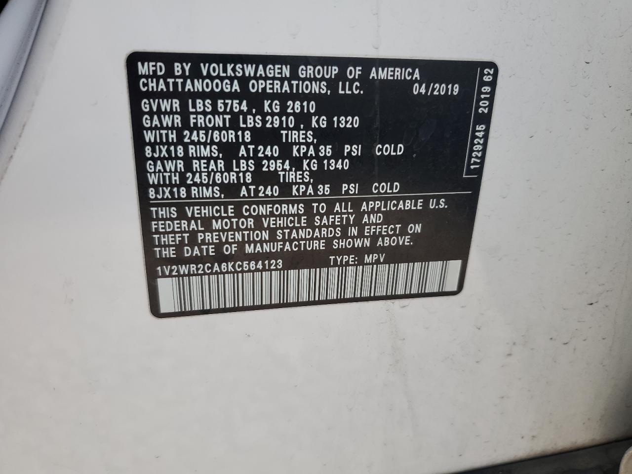 2019 Volkswagen Atlas Se VIN: 1V2WR2CA6KC564123 Lot: 80580095