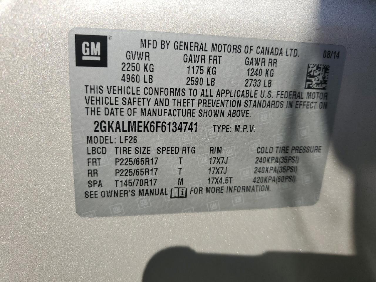 2015 GMC Terrain Sle VIN: 2GKALMEK6F6134741 Lot: 80585125