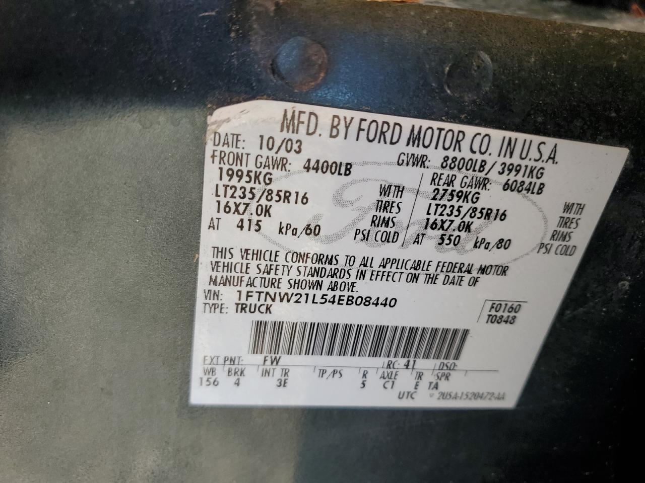 2004 Ford F250 Super Duty VIN: 1FTNW21L54EB08440 Lot: 81798555