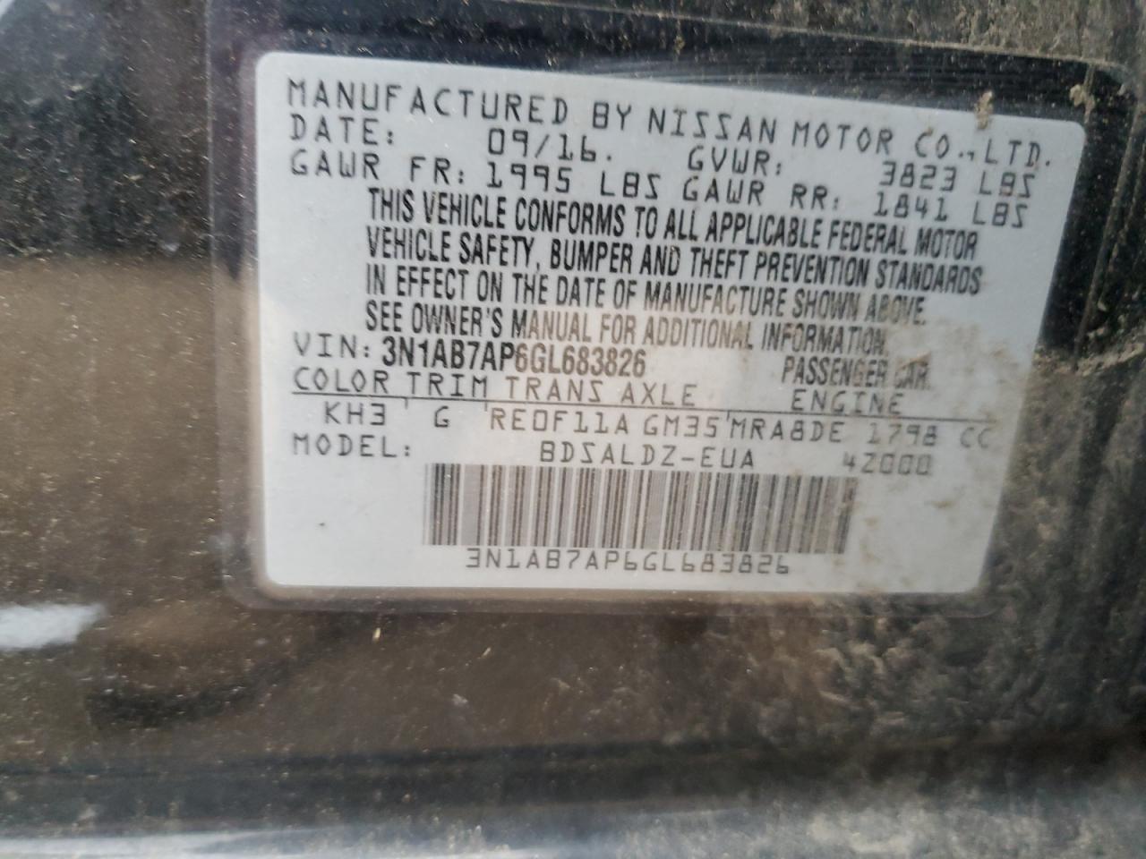 2016 Nissan Sentra S VIN: 3N1AB7AP6GL683826 Lot: 71811825