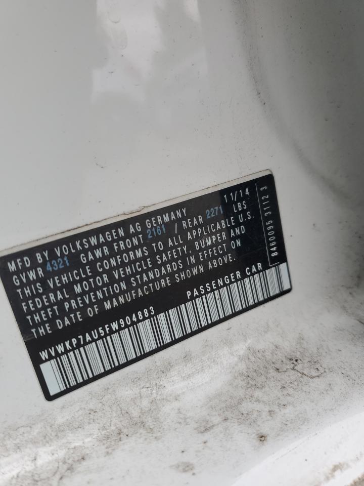 2015 Volkswagen E-Golf Limited VIN: WVWKP7AU5FW904883 Lot: 71472175