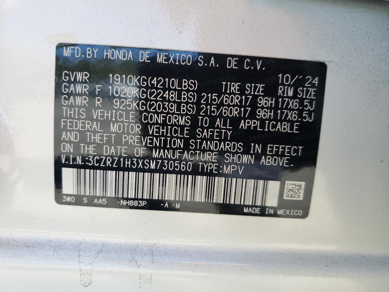 2025 Honda Hr-V Lx VIN: 3CZRZ1H3XSM730560 Lot: 71979605