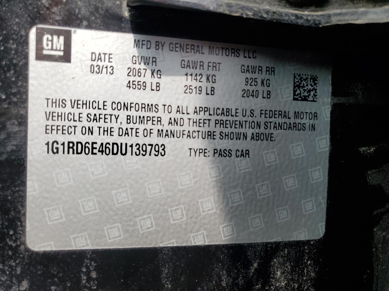 2013 Chevrolet Volt VIN: 1G1RD6E46DU139793 Lot: 71203835