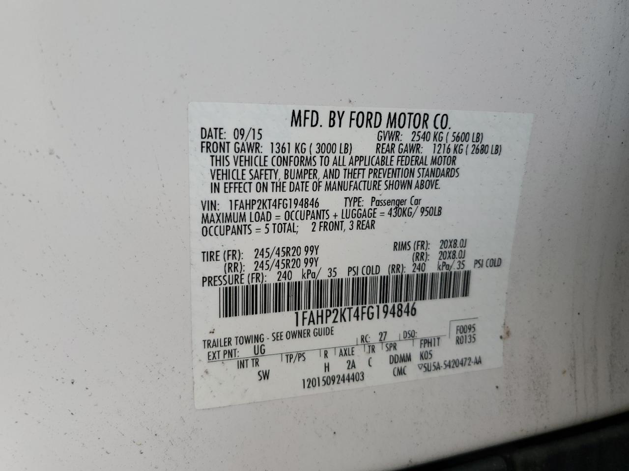 2015 Ford Taurus Sho VIN: 1FAHP2KT4FG194846 Lot: 71842905