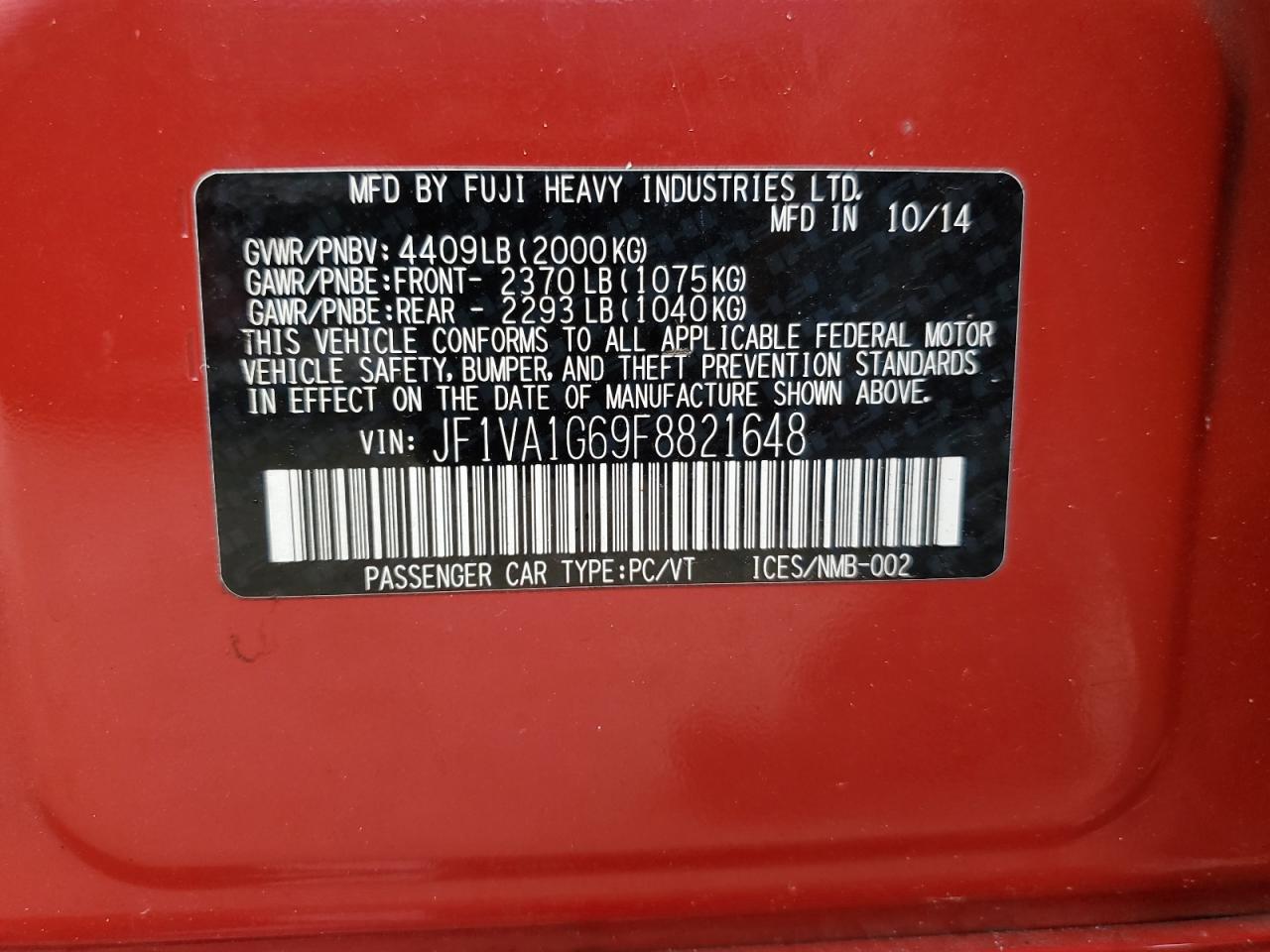 2015 Subaru Wrx Limited VIN: JF1VA1G69F8821648 Lot: 71795105