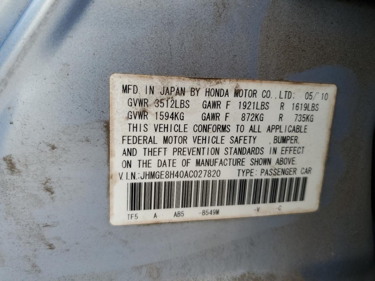 2010 Honda Fit Sport VIN: JHMGE8H40AC027820 Lot: 71588155